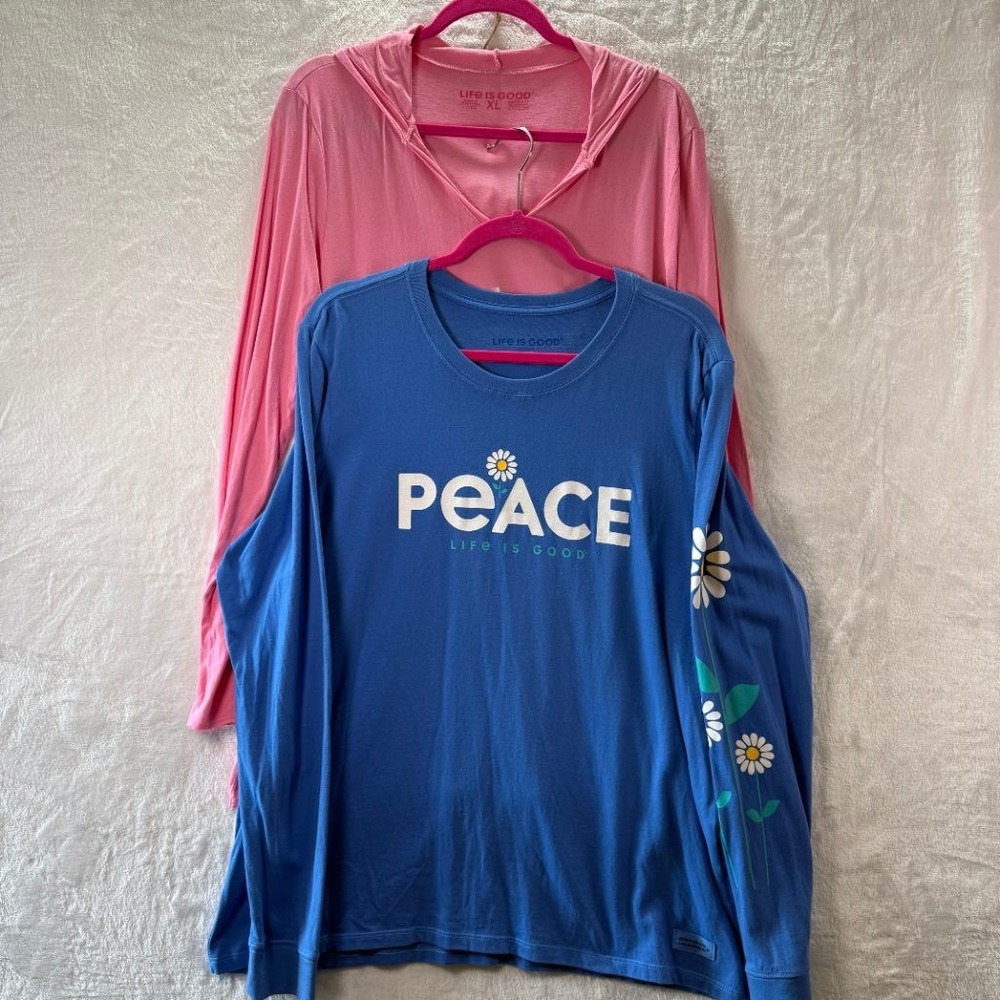 Life is Good Womens XL Lot of 2 Long Sleeve Tops Pink Hooded Blue Peace Daisy